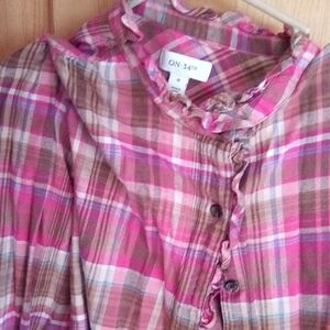 ON Women's Ruffled Plaid Button Down Shirt - Pink and Brown